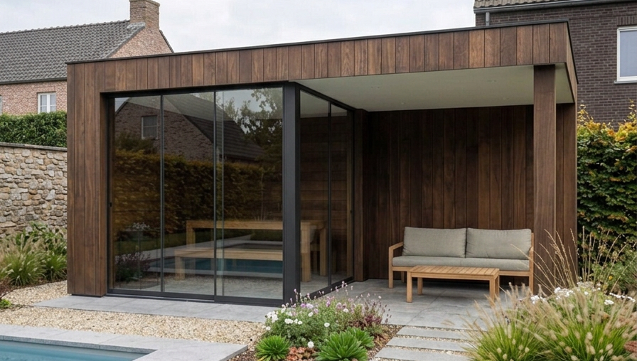 Firefly_Gemini Flash_Gebruik exact dezelfde poolhouse, architectuur, materialen, afmetingen, indeling, tui 29417