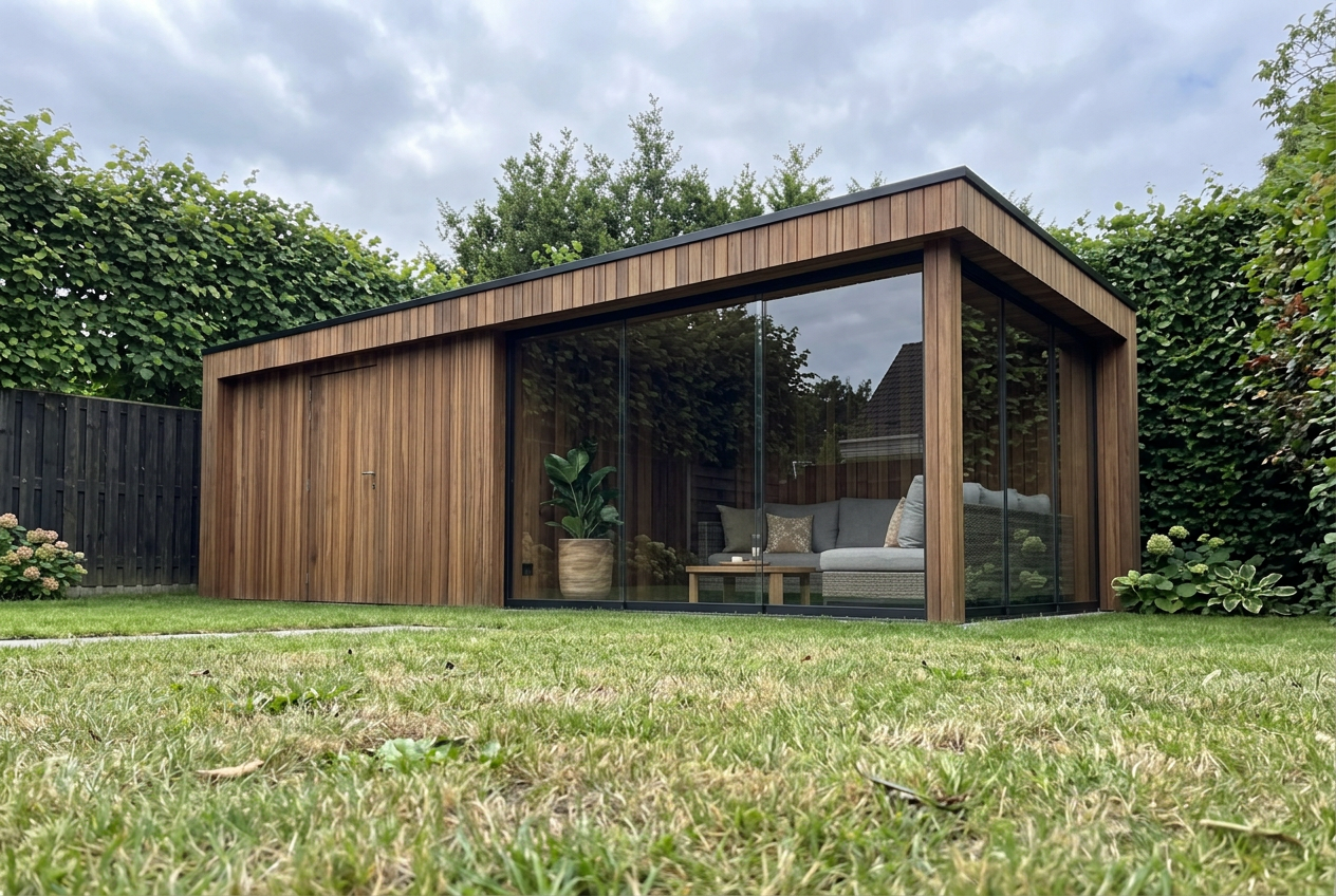 Firefly_Gemini Flash_Ultra realistic smartphone photo of a modern garden house located at the back of a ty 639565