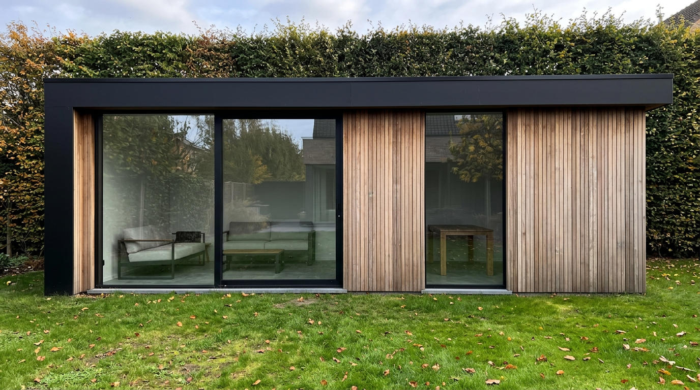 Firefly_Gemini Flash_Ultra realistic smartphone photo of a modern garden house located at the back of a ty 691714