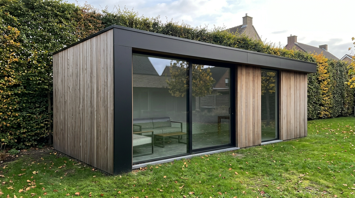 Firefly_Gemini Flash_Ultra realistic smartphone photo of a modern garden house located at the back of a ty 839092
